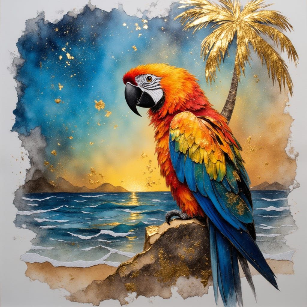 <lora:Orel:1.0> colorful parrot near palm tree on a tropical beach in metallic colors, black ink and gold leaf