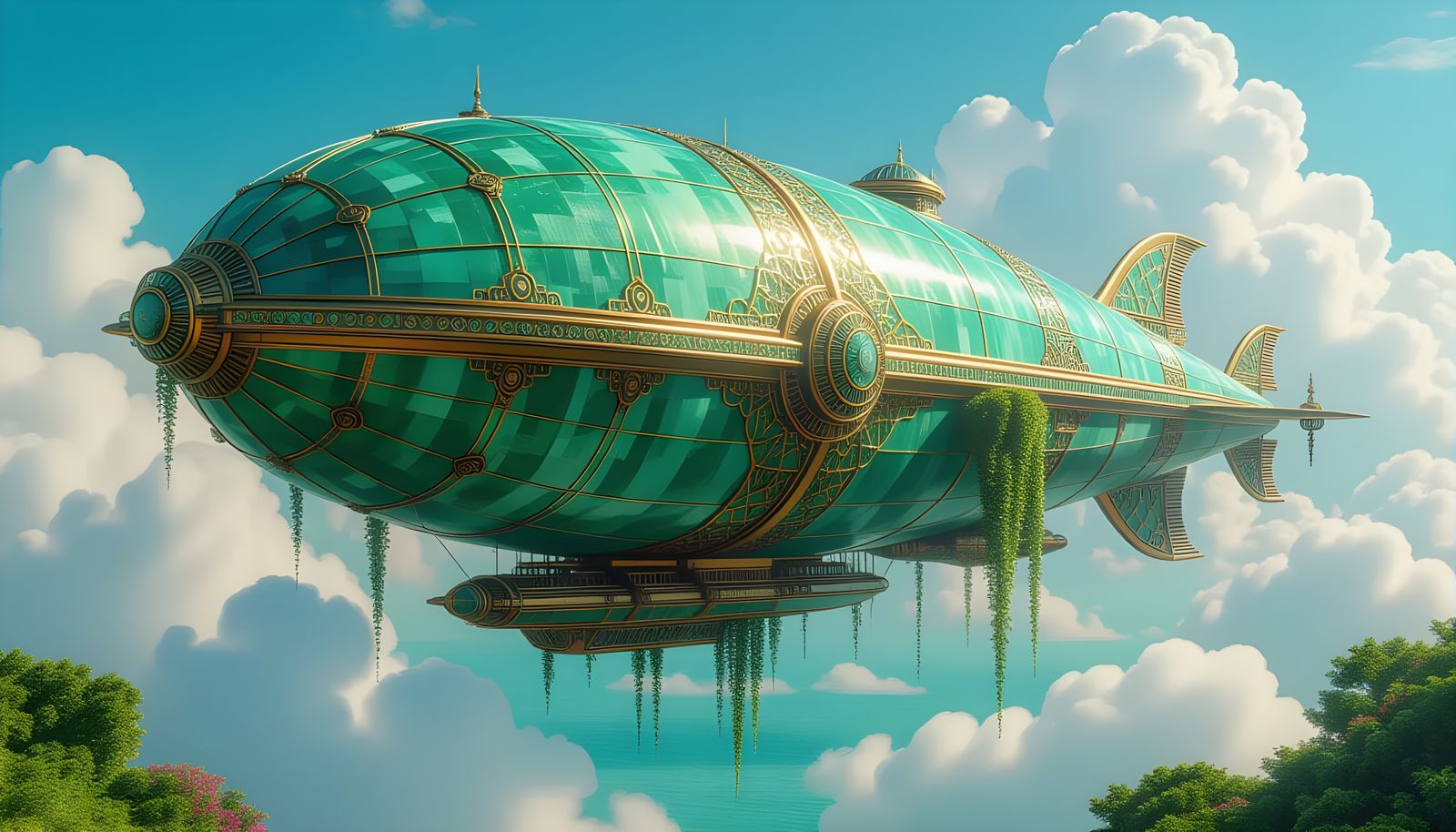 a majestic, steampunk-inspired airship shaped like a giant seashell, soaring through a turquoise sky ...  by @tsahel