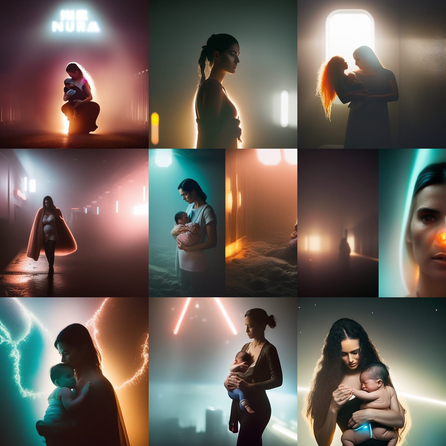 Breastfeeding newborn in the black hole, ambient light, Niko...
