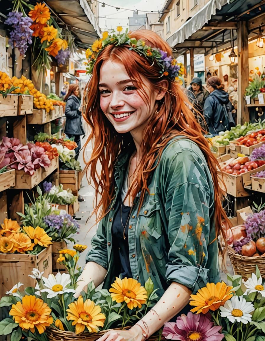 Joie Dune Belle Femme Rousse Souriante Travaillant Dans Un Marché Aux Fleurs Ai Generated 