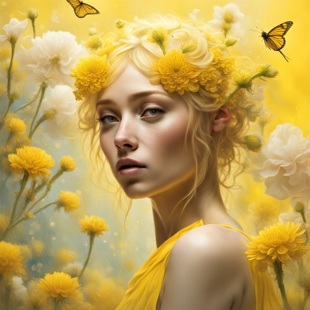 Creative art, dreamy fantasy, Anthophila and flowers, soft Canary ...