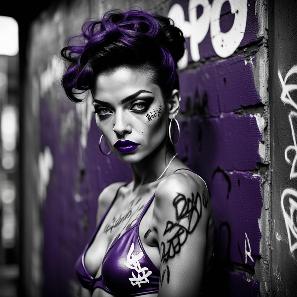 playboy playmate; full body; hip hop; betty boop; black and white; art of  her name; made to print and colour; graffiti of her name; deep pur... - AI  Generated Artwork - NightCafe Creator