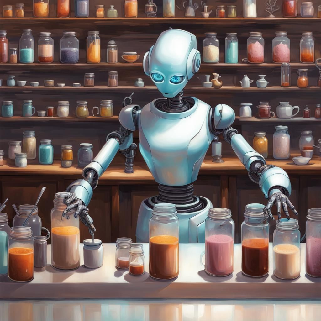 robot cafe with robot barista making latte and robot waitres...