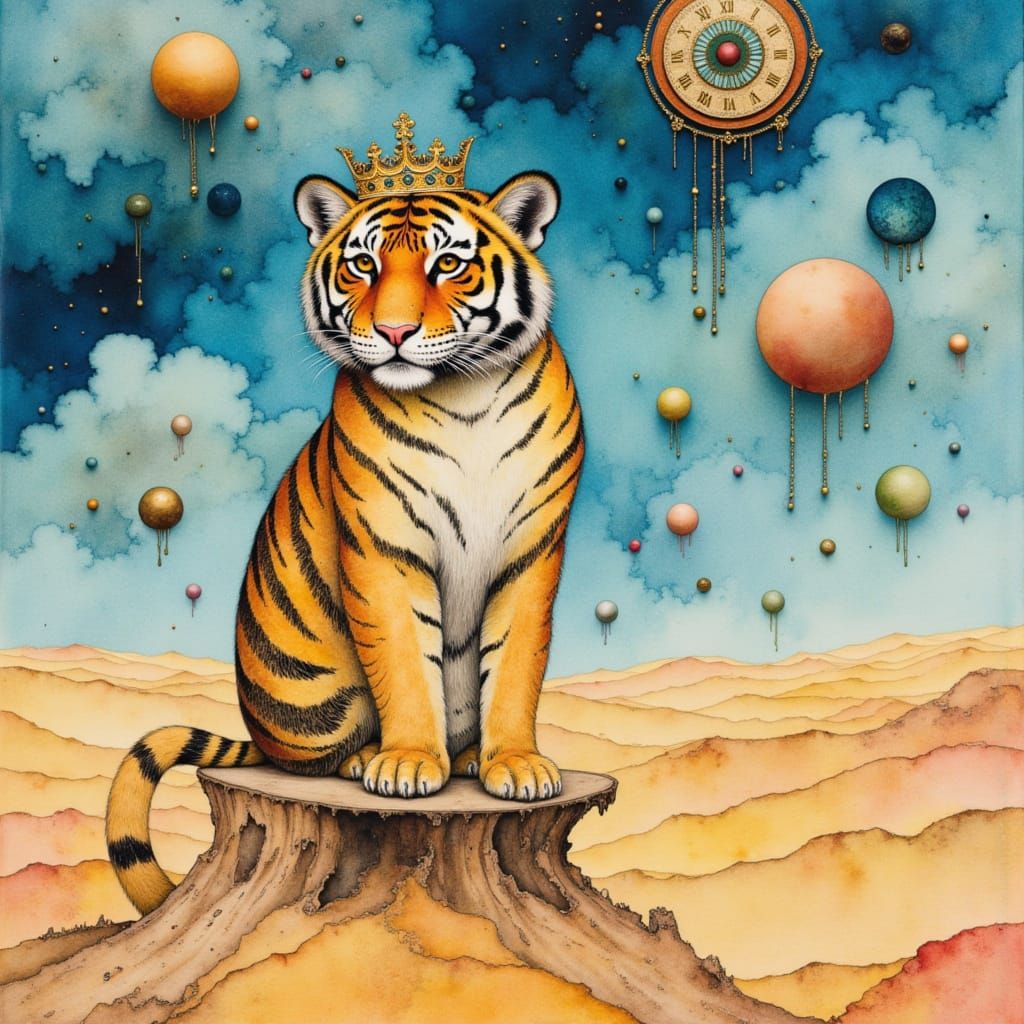 <lora:maybethe4thtimeworks:1.0> <lora:paper collages:1.0> <lora:Glass animals:1.0> <lora:art:1.0> A whimsical, slightly unsettling scene of ...