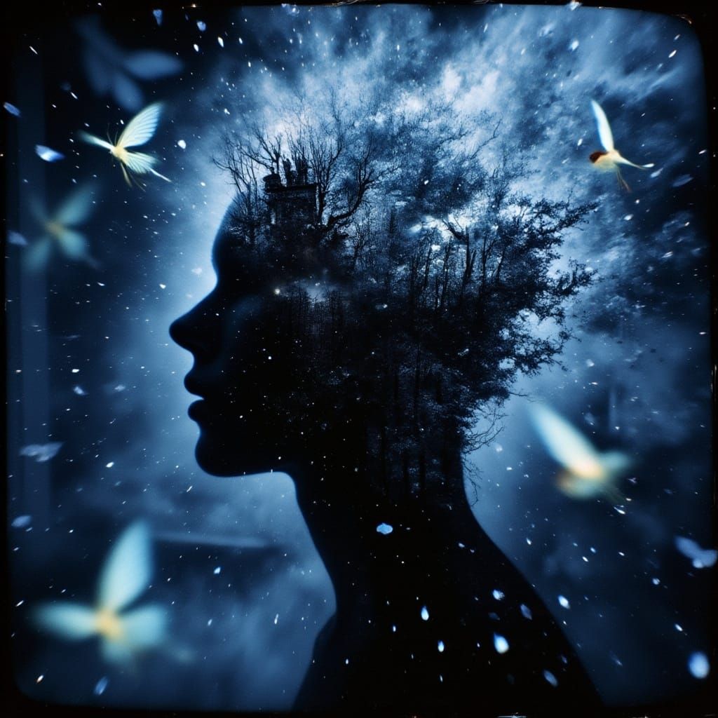 <lora:Abyss:1.0>double exposure  Miniature universe   of memories inside  an colorful silhouette head , surreal, floating gliter and sparks...