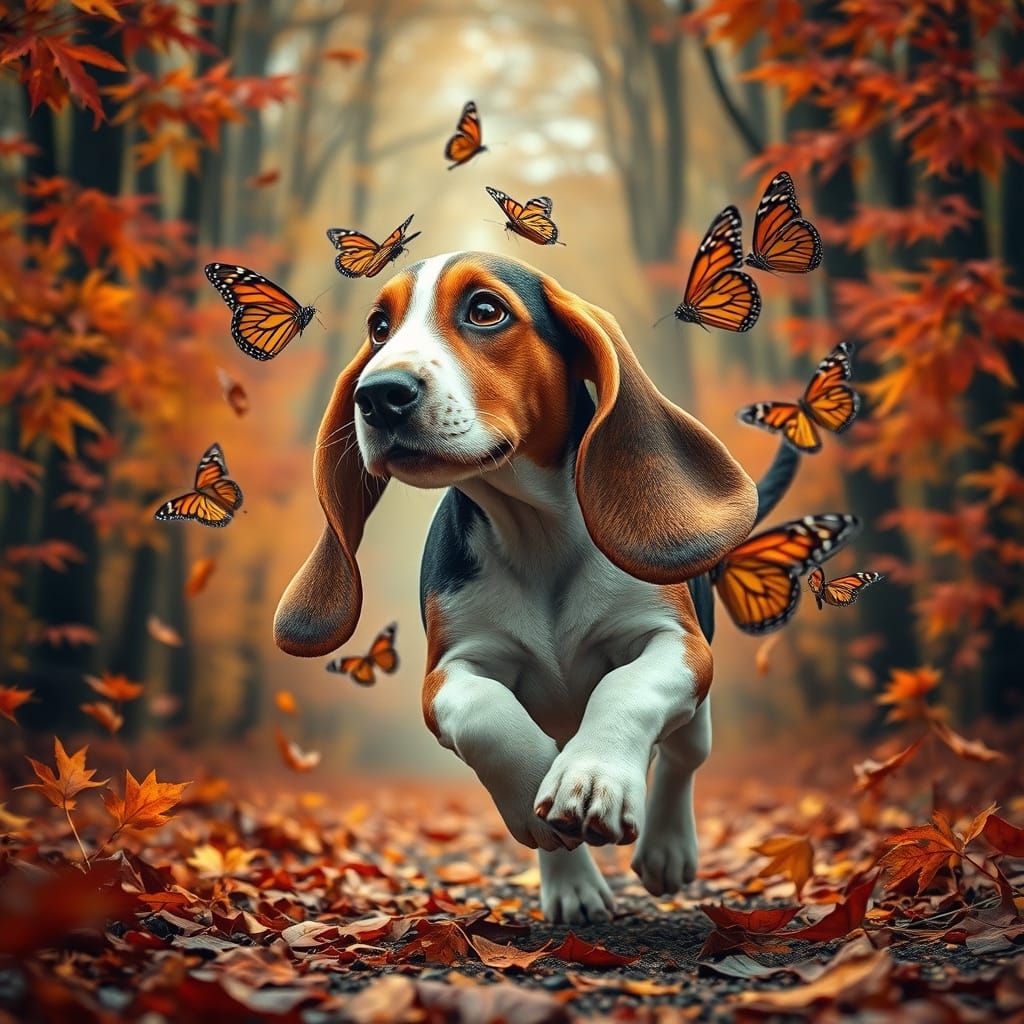 A Basset Hound puppy chasing large monarch butterflies  by @Victoria G