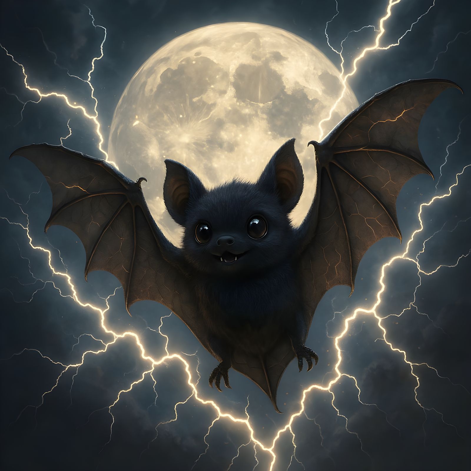 Cute Black Bat Flying in Lightning: 3D Render