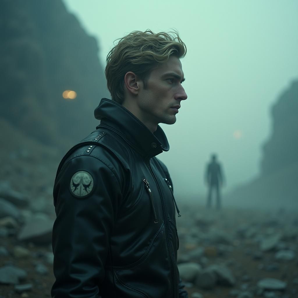 Melancholic Man in Futuristic Outfit, Cinematic Film Still