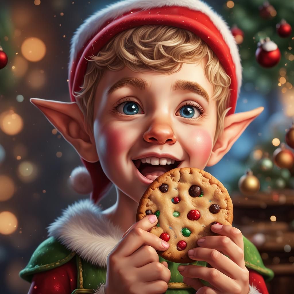 cute elf eating a cookie, adorable, charming,detailed portrait ...