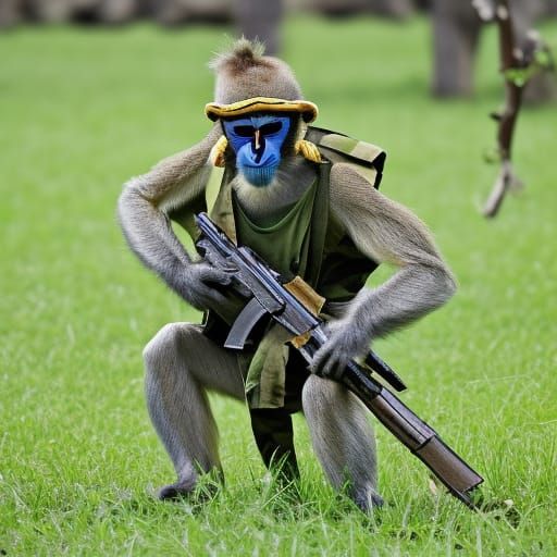 A monkey soldier in camouflage uniforms, engaged in battle with the ...