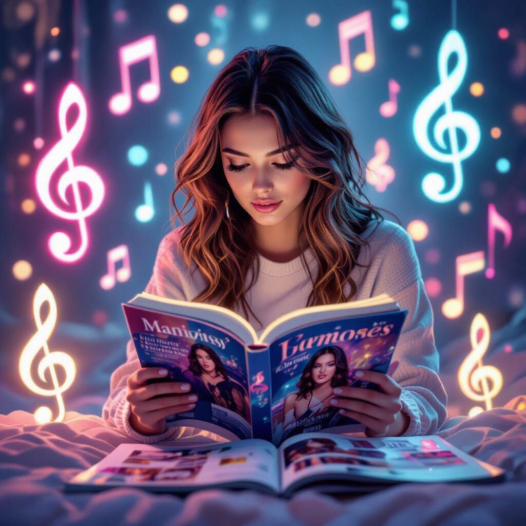 дівчина читає журнали про відомих співаків і навколо  неї музичні віджети