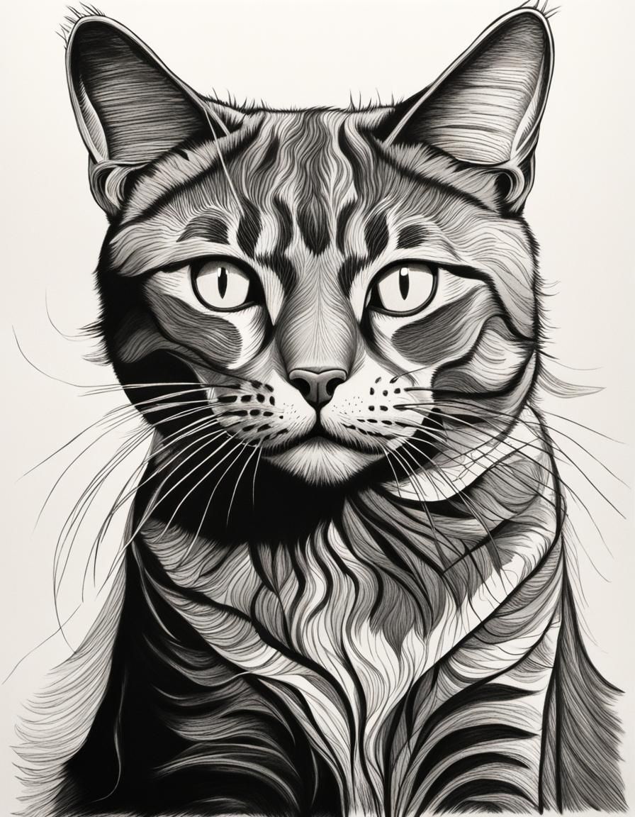 Line art.  Sitting cat in the style of illustrator Jacob Law...
