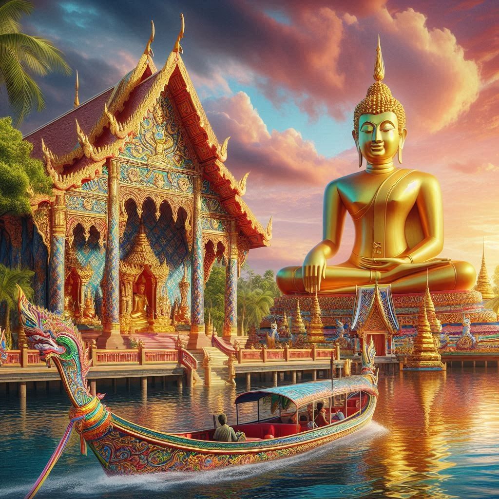 “Spiritual Journey: The Golden Buddha and the Flowing River”