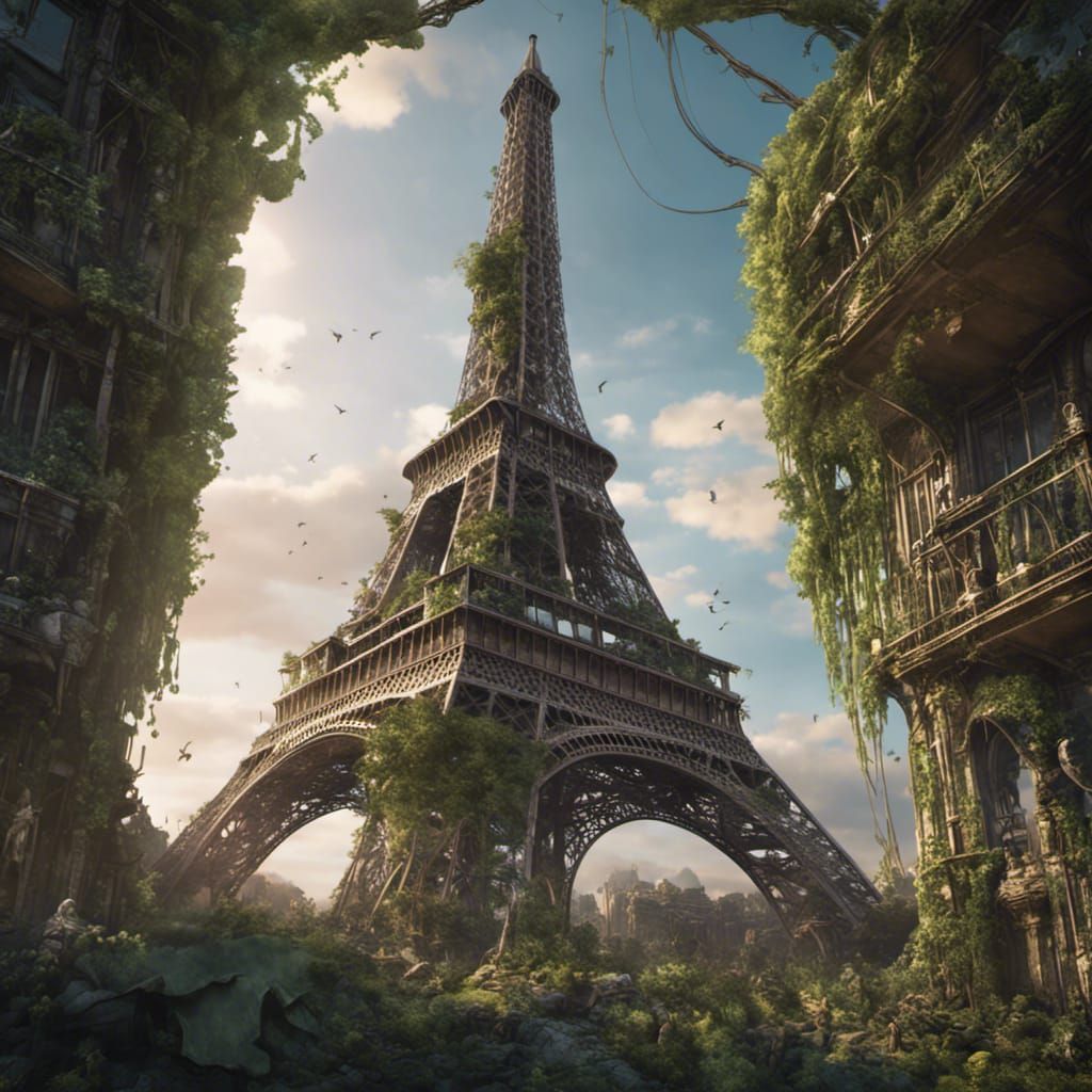 The Eiffel tower, covered in vines and plant growth after an apocalypse   by @Dorian