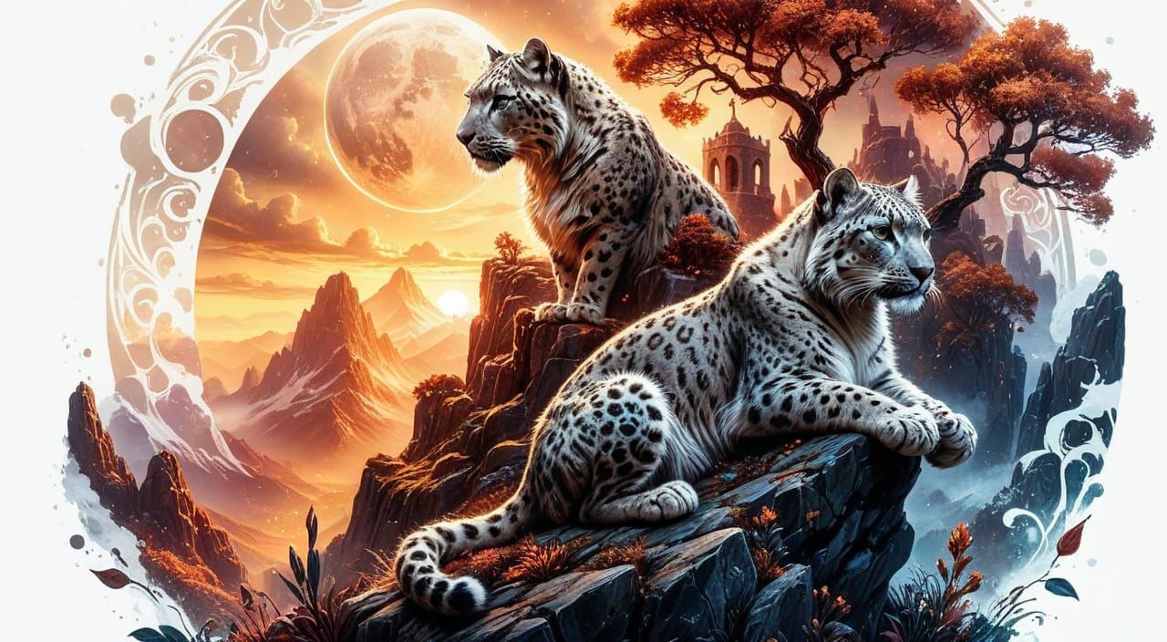 Snow Leopard Silhouette in Art Nouveau Mountains Wide 🐆⛰️