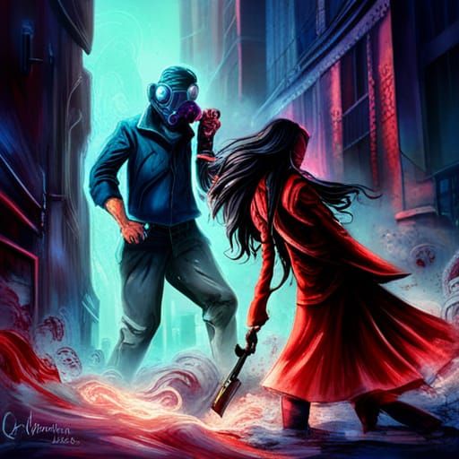 Large Gothic male puppetieer with gas mask puppetieering a broken, abused beautiful woman with long black hair and toxic gas around then bot...