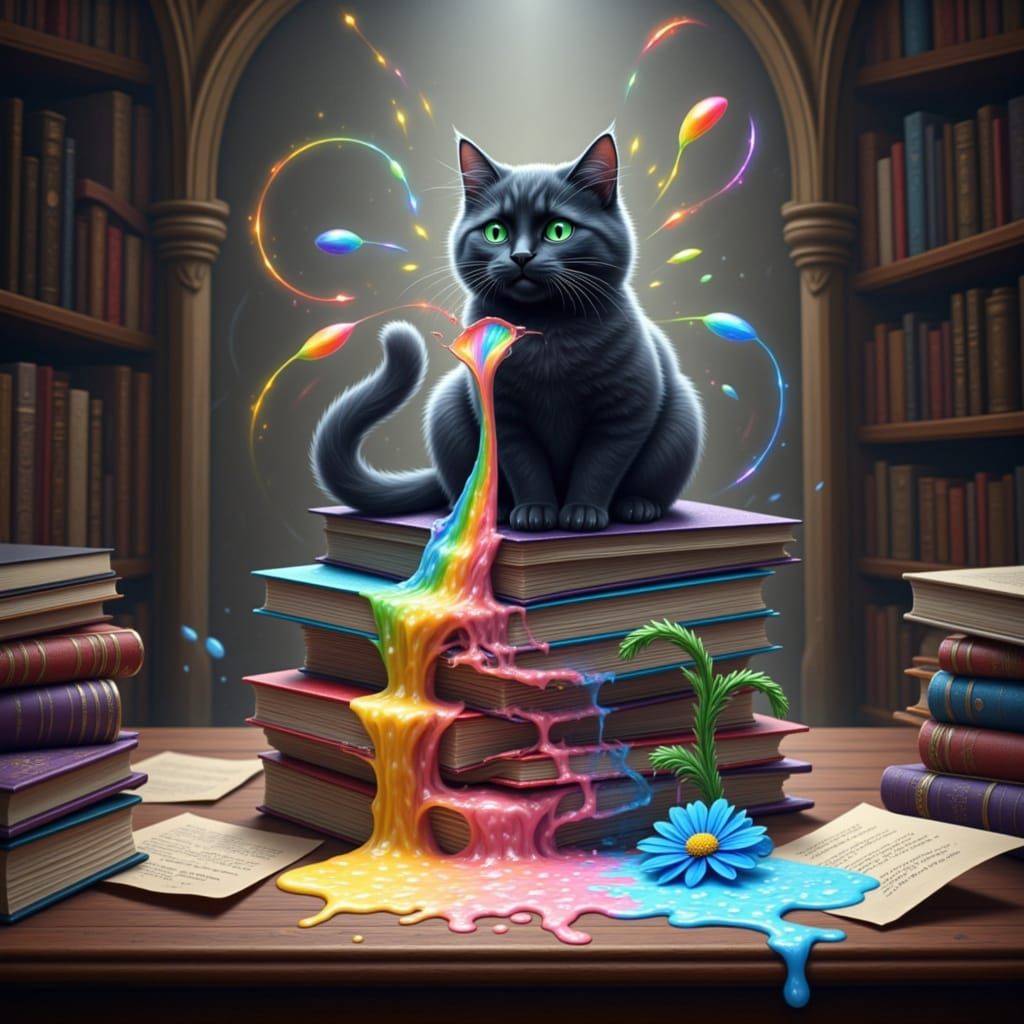 Albus the cat sitting on a pile of books spilling rainbow MILK with a blue flower sprouting out from the spill on the wizards cluttered desk...