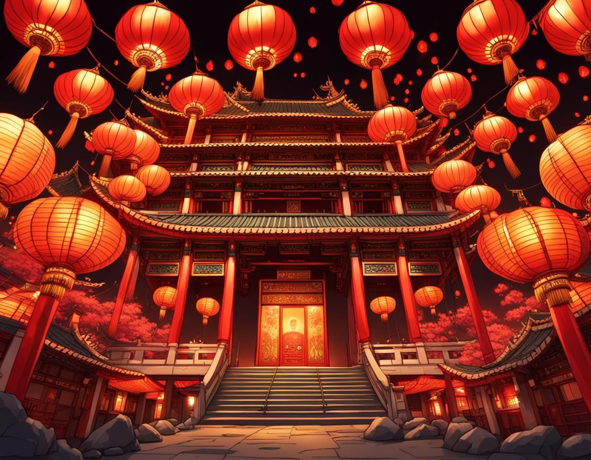 Intricate chinese temple,night festival, anime, ghibli, colorful, red ...