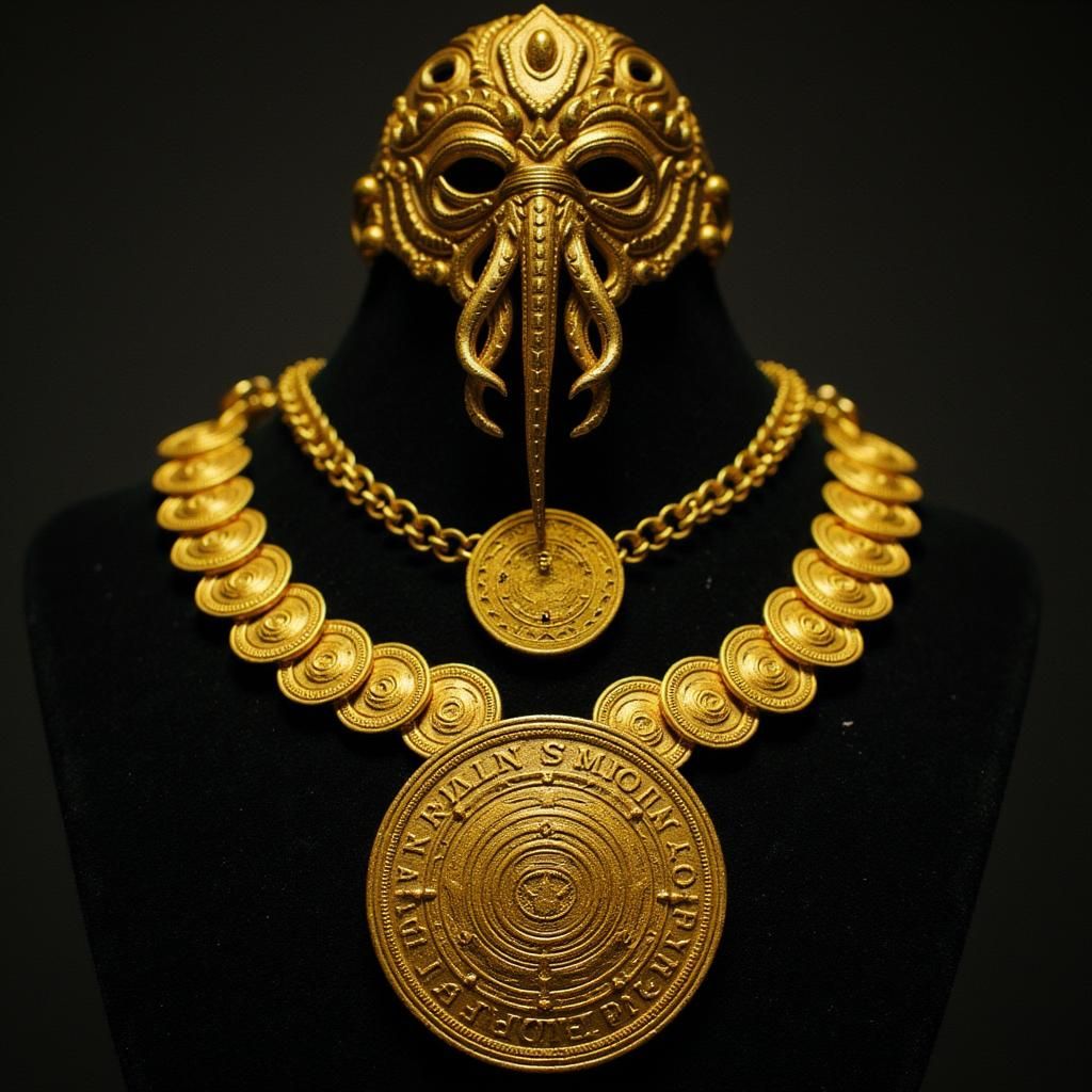 Creepy Real life style super ancient rleyh gold coin necklace rleyh gold bracers and rleyh gold helmet ancient Cthulhu m...