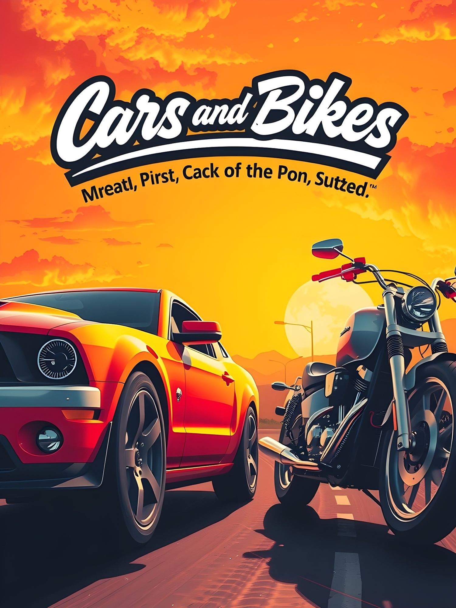 Poster of a motorbikes and sports cars event. Race car on the left and cruiser bike on the right. Big sign cars and bikes on the top.