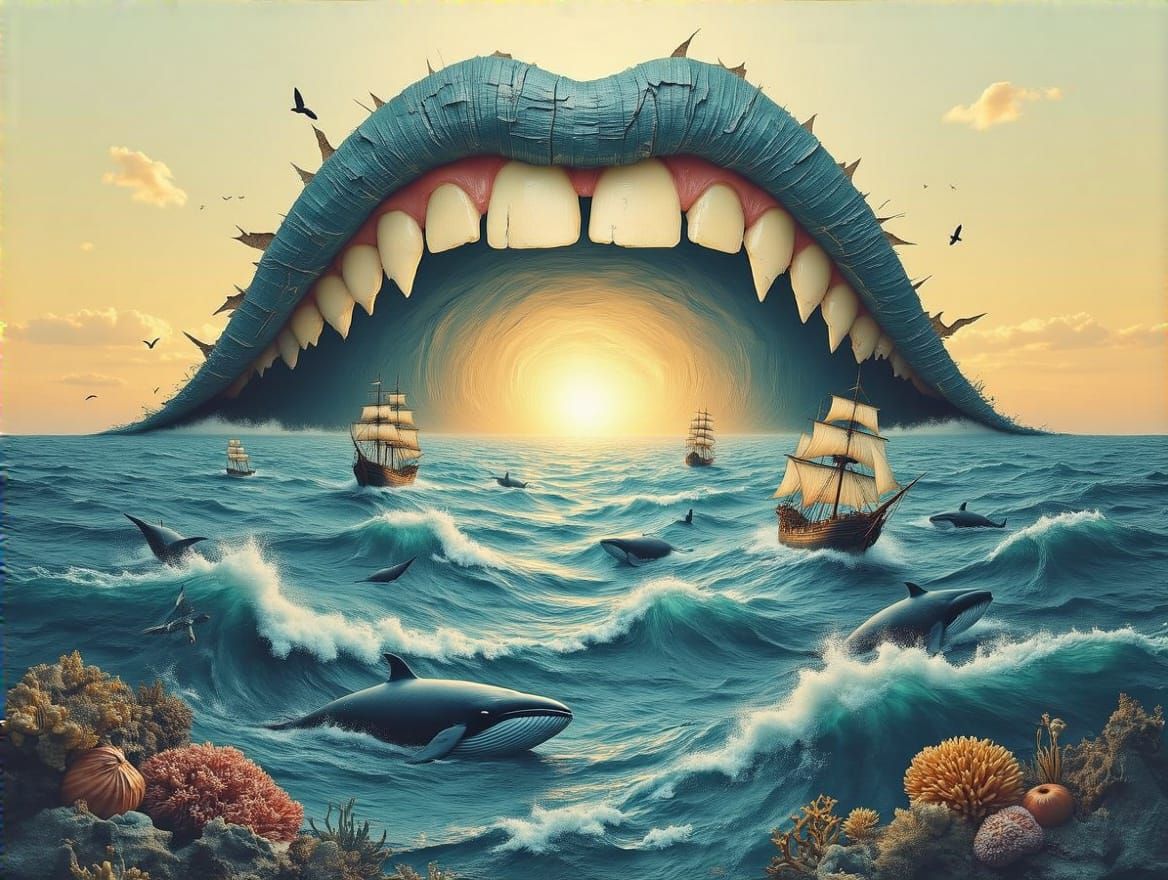 a surreal collage-style scene with deep visual layering and tactile texture, depicting a vast ocean being pulled into a gigantic, glowing mo...