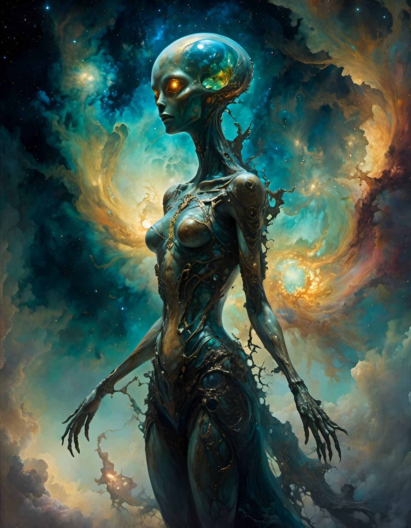 mysterious shadows of female alien creature in an astral unc...