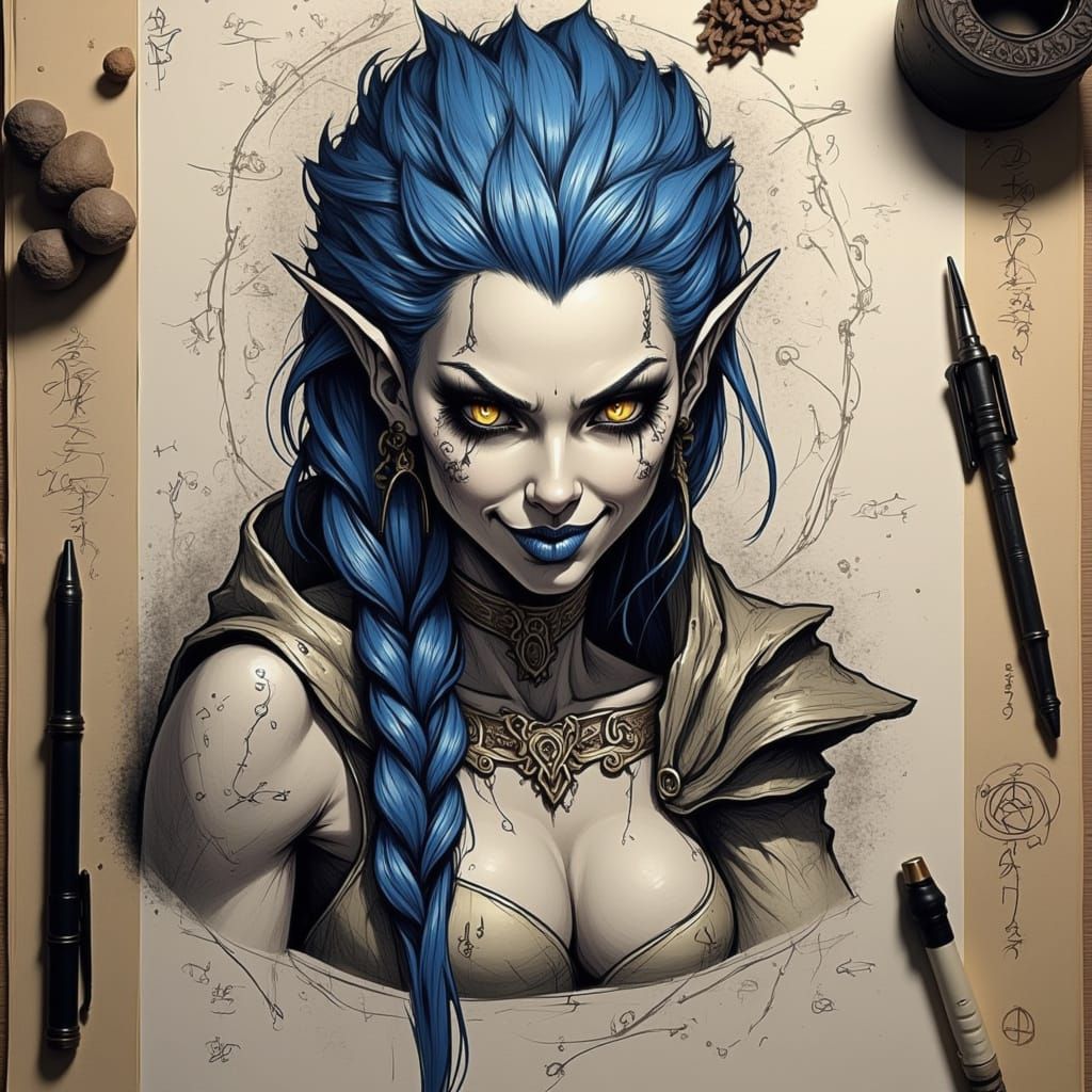<lora:SketchyV3:1.0> mid shot HD image; beautifully menacing jinx character, destructive graphite background; Simon bisley + carne griffiths...