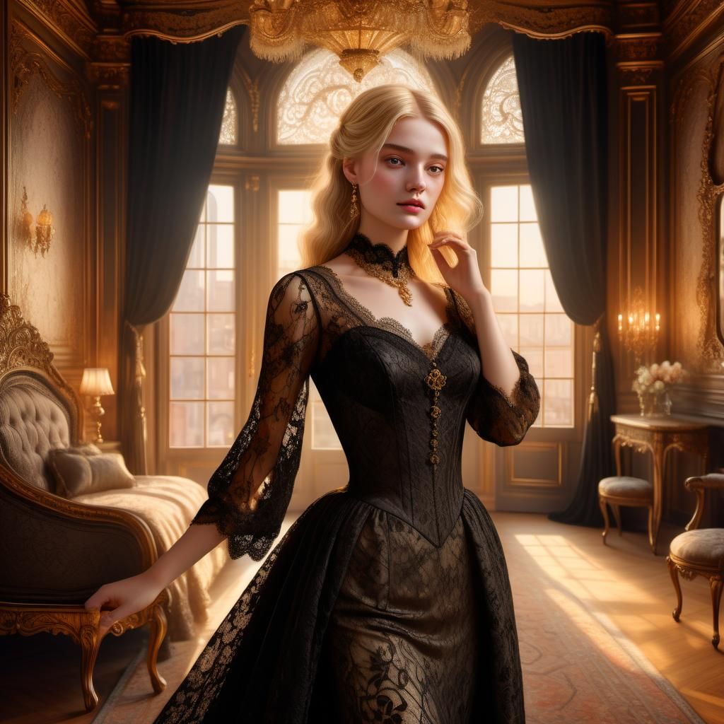 Beautiful tall and thin blonde woman in black lace sumptuous gown.1878 era. volumetric lighting hyperdetailed color corrected photorealism s...