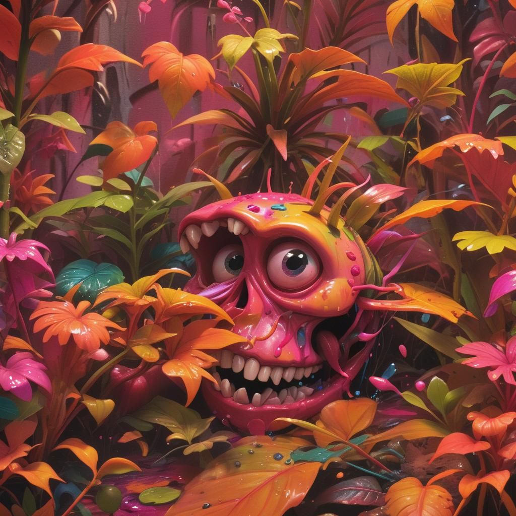Hyper-realistic, mid shot. Cannibal plant eating its prey in...