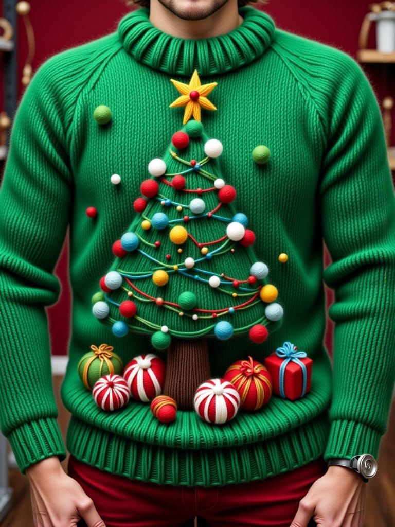 Green sweater with a Christmas tree and gifts under the tree and pom pom balls on the tree  sewed in, ...  by @  deb