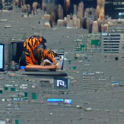 A tiger working on laptop in New York