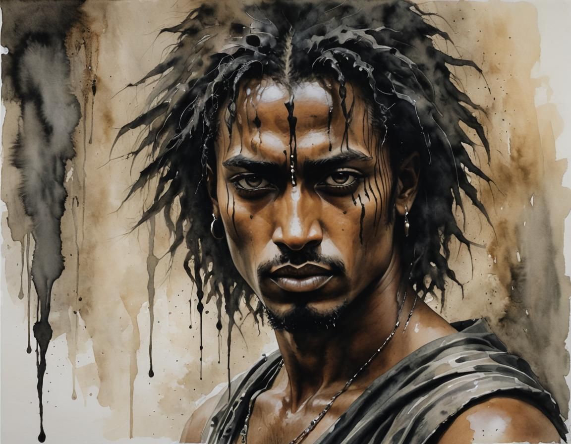 Portrait, MALE modern, shadowy, WATER COLOR drip,  Kalighat art, mixed media,  Afewerk Tekle, Luis Royo ...  by @Joris