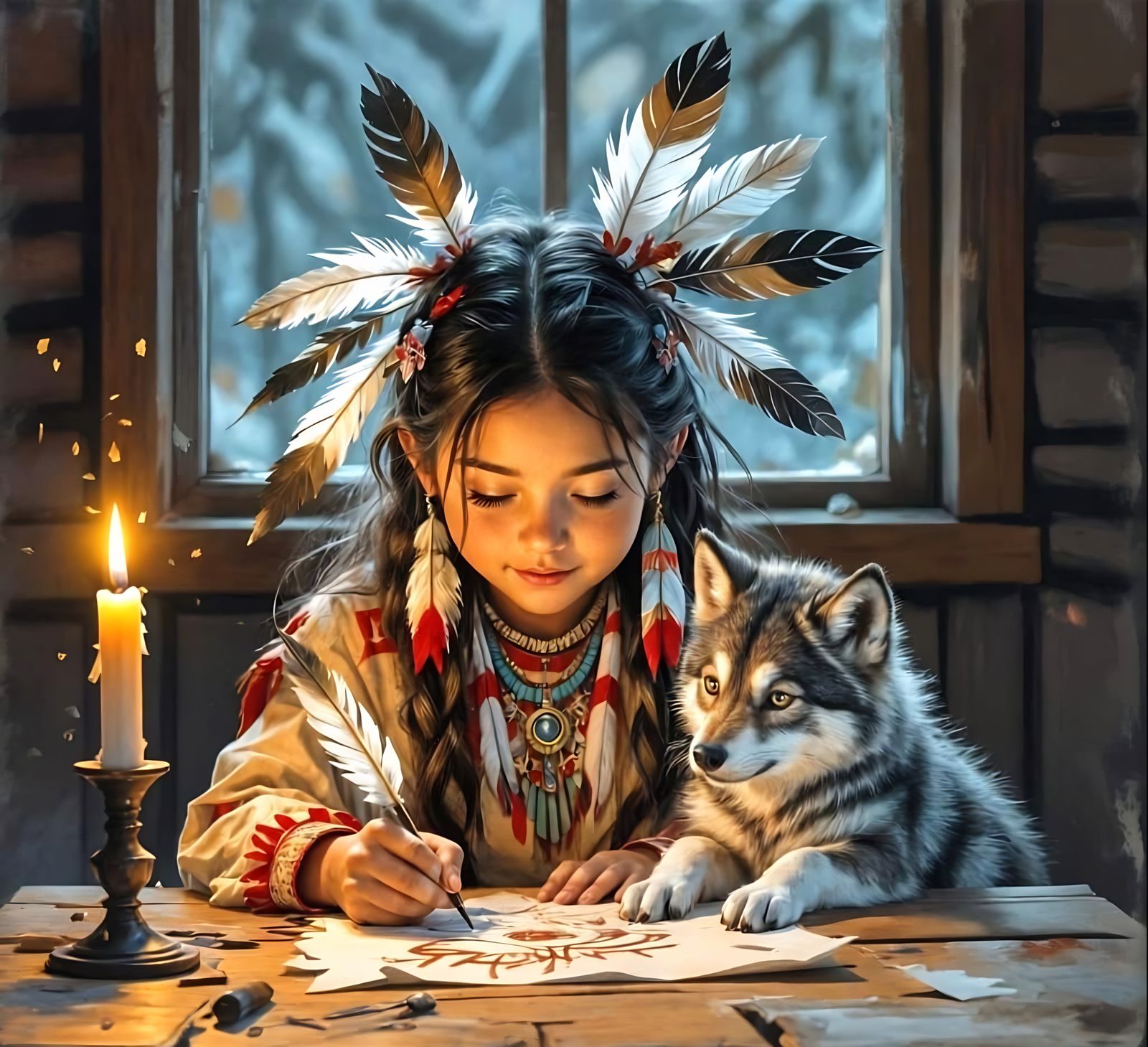 Sioux girl wolf pup companion  by @tohelpukraine