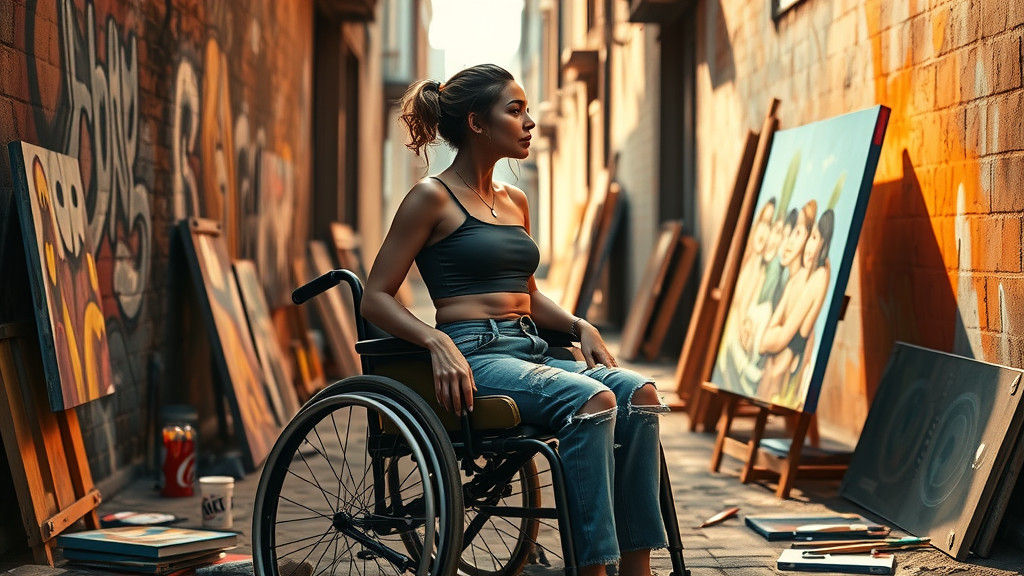 A young wonderful paraplegic woman, slim waist, wearing jean...