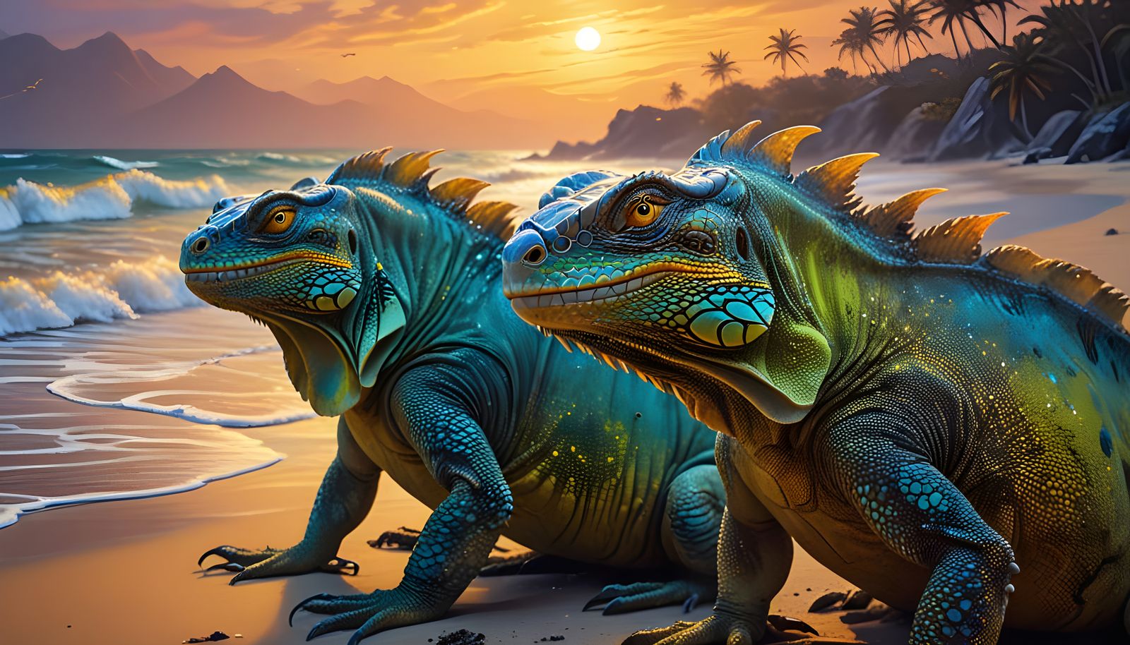 Strange Iguanas on a beach   by @Neluriko