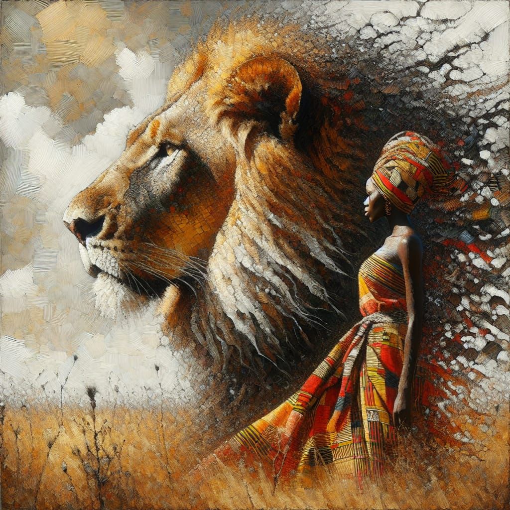 mighty lion and a african woman  by @Angelika
