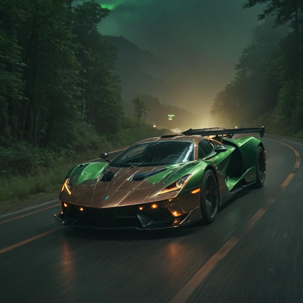 A smooth clockwork supercar travelling at speed around a banked track, driven by a determined woman.  by @Surreal Herald