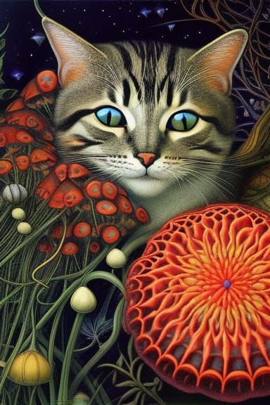 cat with mushrooms  by @blenta