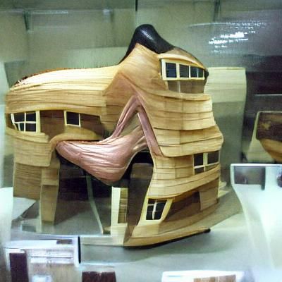 A wooden house in the shape of a high heel