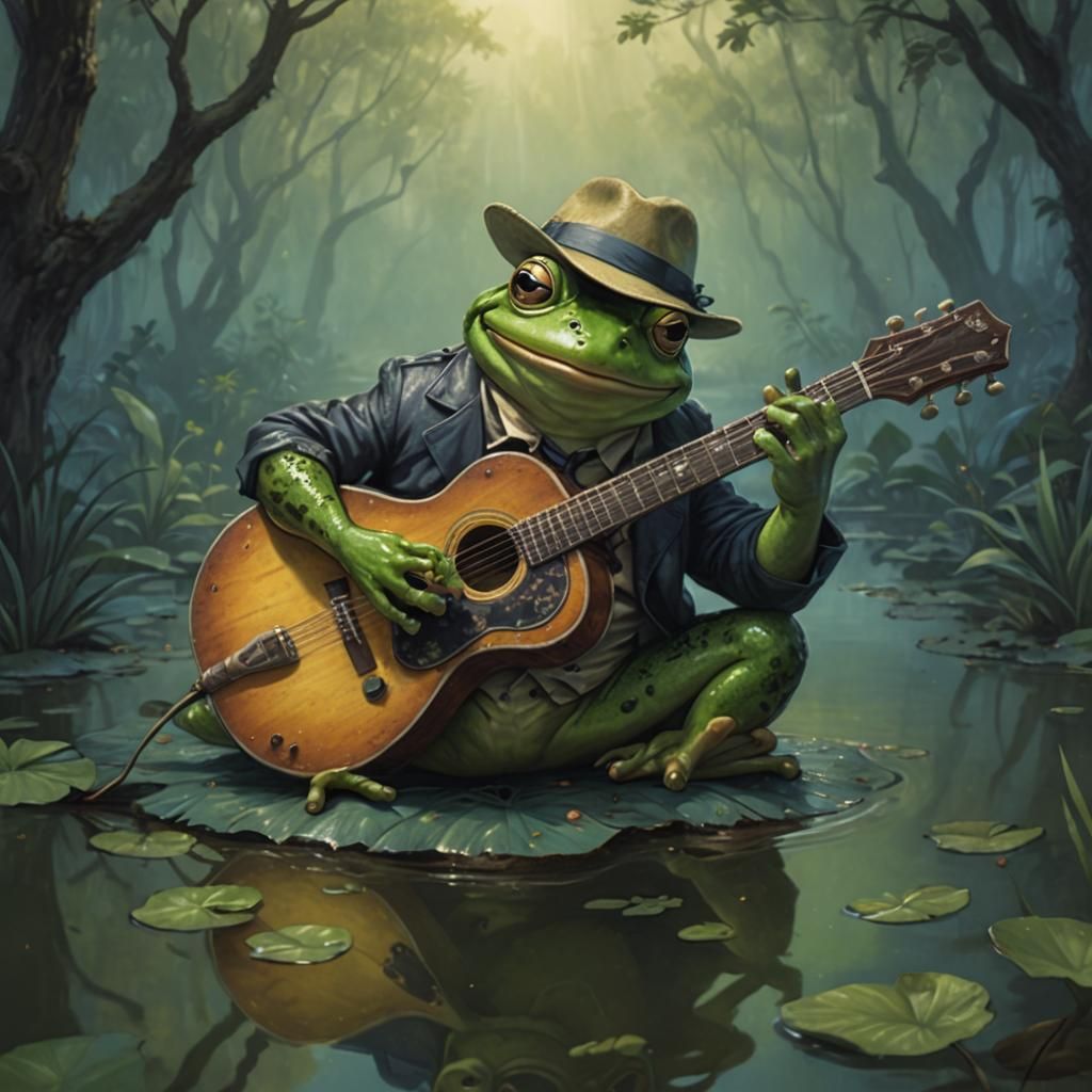 a frog jamming on a guitar in a bayou  by @Twinkletoast