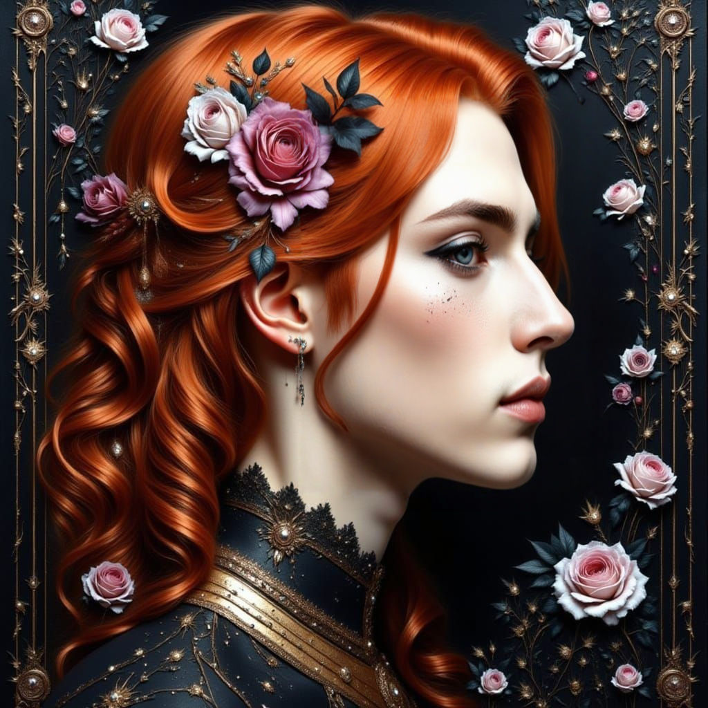 <lora:Man Intensity:1.0>  Beautiful young man in profile with soft oval face and white matte skin, man with bright red long hair, profile, m...