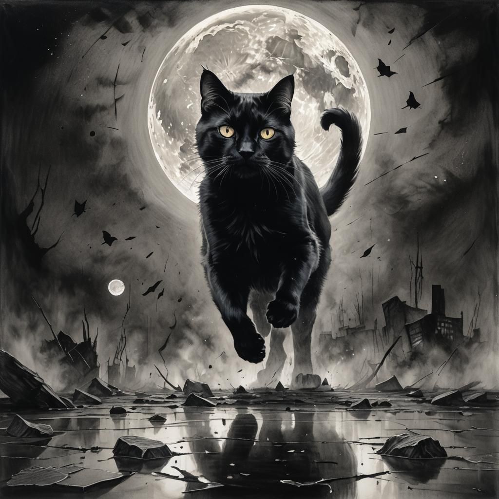 A black cat crossing in front of a full moon, a broken mirror with eerie reflections and scattered shards, ...  by @Jammy Blackwood
