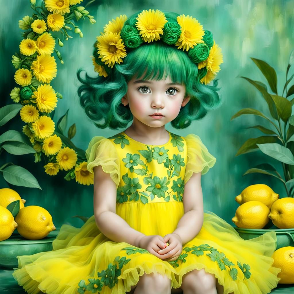 Girl with Green Hair and Floral Wreath, Hyperrealistic