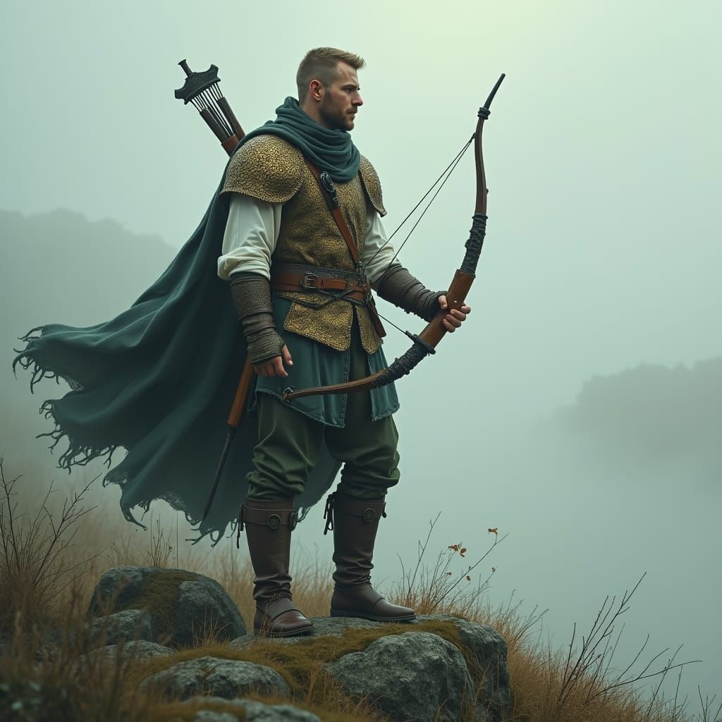 A DnD-style image of a human male fighter standing on a fog-shrouded moor in a fantasy landscape. He holds a heavy crossbow, aiming it at an...