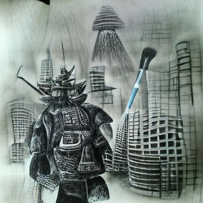 Charcoal samurai in a futuristic city