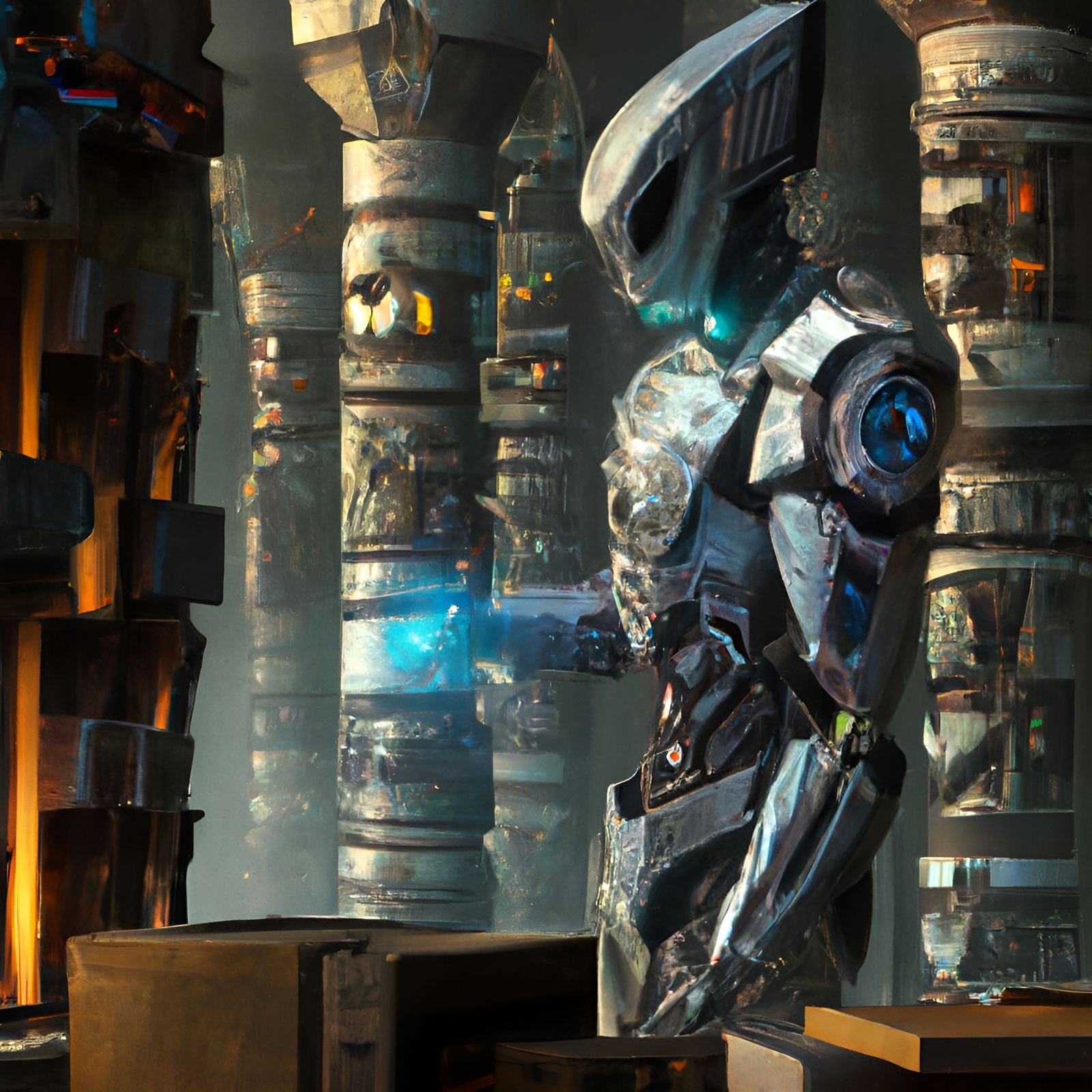 A robot standing in front of a library of future memories, i...