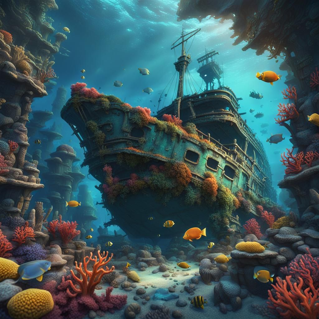 Underwater shipwreck surrounded by colorful detaild coral reef  by @LadyMorningstar