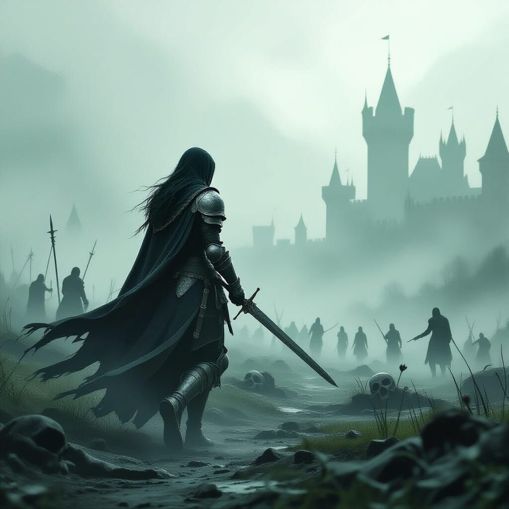 A lone female knight in tarnished armor traverses a misty, medieval battlefield