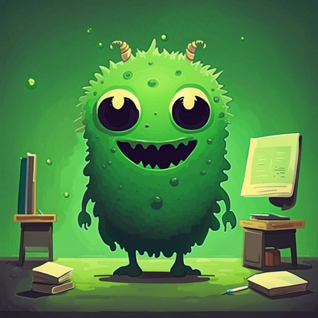 flat design of a cute green blob-like monster with a pair of...