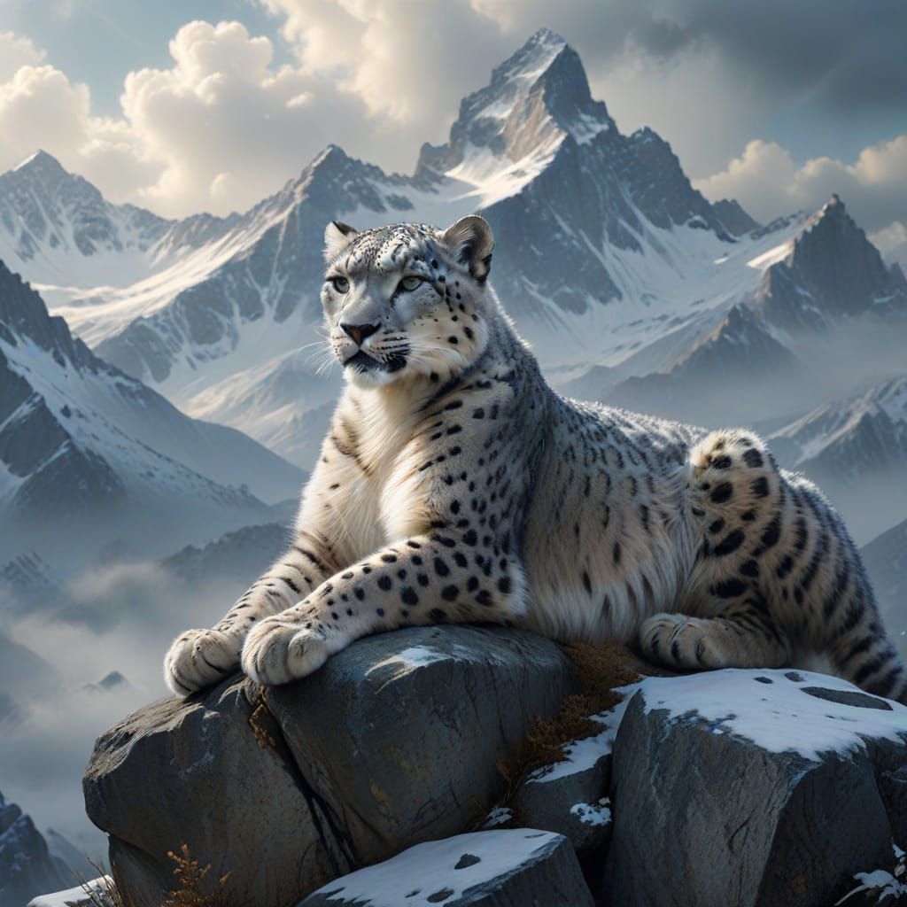 Snow Leopard Lounging on Mountain Ledge in Misty Alpine Land...